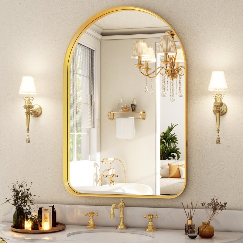 Easly Arched Bathroom Mirror - 38x26 Inch Gold Bathroom Mirror for Wall - Aluminum Alloy Framed Mirror - Arched Top Bathroom Vanity Mirror for Living Room, Bedroom, Mantel, Entryway, and Hallways - Image 1