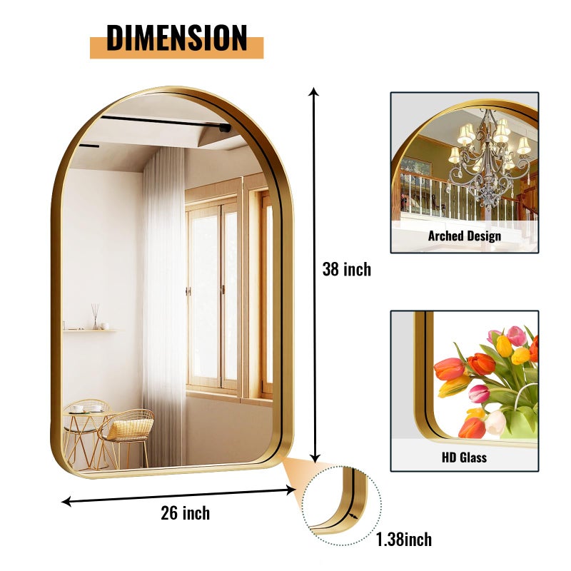 Easly Arched Bathroom Mirror - 38x26 Inch Gold Bathroom Mirror for Wall - Aluminum Alloy Framed Mirror - Arched Top Bathroom Vanity Mirror for Living Room, Bedroom, Mantel, Entryway, and Hallways - Image 2