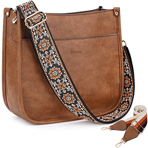 HKCLUF Crossbody Bags For Women Trendy Vegan Leather Hobo Handbags With 2PCS Adjustable Guitar Strap Shoulder Bags Purse For Women(linen brown) - Image 1