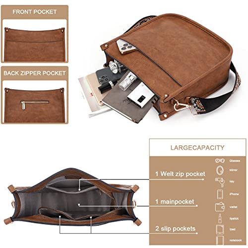 HKCLUF Crossbody Bags For Women Trendy Vegan Leather Hobo Handbags With 2PCS Adjustable Guitar Strap Shoulder Bags Purse For Women(linen brown) - Image 2