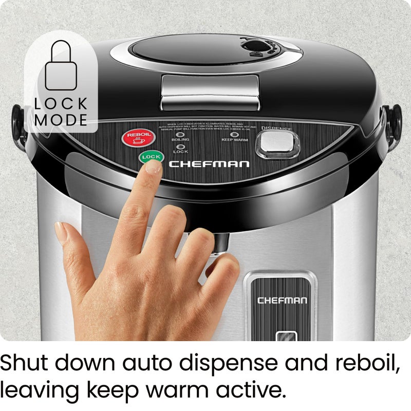Chefman Electric Hot Water Pot Urn w/Auto & Manual Dispense Buttons, Safety Lock, Instant Heating for Coffee & Tea, Auto-Shutoff & Boil Dry Protection, Insulated Stainless Steel, 3.6L/3.8 Qt/20+ Cups - Image 5