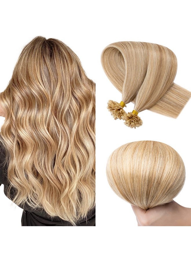 SEGO U Tip Hair Extensions Human Hair Pre Bonded Keratin Fushion Nail Tip Human Hair Extensions 100% Real Remy Hair Silky Straight 100 Strands/Pack 50g 16 Inch #12P613 Golden Brown&Bleach Blonde - Image 1