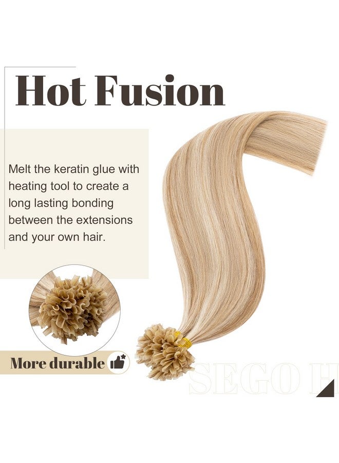 SEGO U Tip Hair Extensions Human Hair Pre Bonded Keratin Fushion Nail Tip Human Hair Extensions 100% Real Remy Hair Silky Straight 100 Strands/Pack 50g 16 Inch #12P613 Golden Brown&Bleach Blonde - Image 3