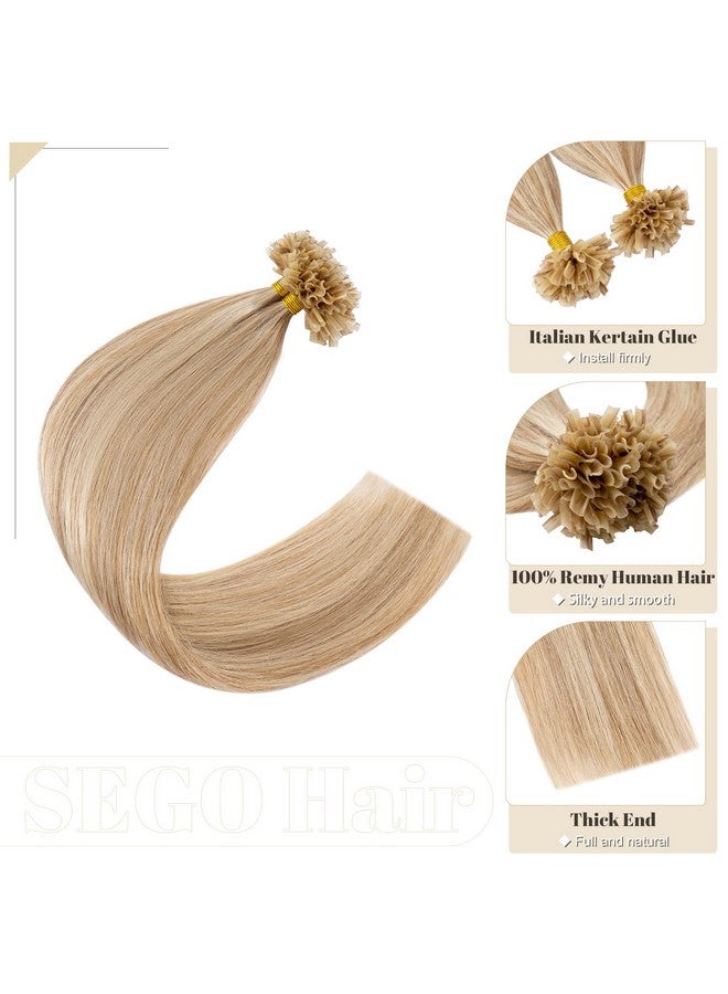 SEGO U Tip Hair Extensions Human Hair Pre Bonded Keratin Fushion Nail Tip Human Hair Extensions 100% Real Remy Hair Silky Straight 100 Strands/Pack 50g 16 Inch #12P613 Golden Brown&Bleach Blonde - Image 2