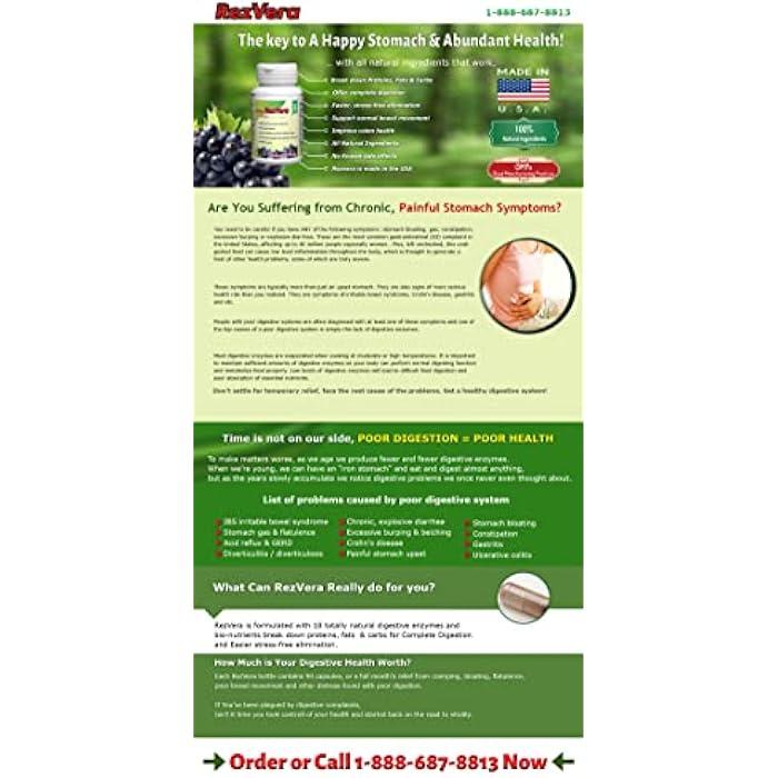 RezVera #1 Best All Natural Digestive Supplement for IBS Irritable Bowel Syndrome Stomach Bloating Gas Diarrhea Heartburn Acid Reflux Constipation Indigestion - RezVera 90 Capsules - Image 5