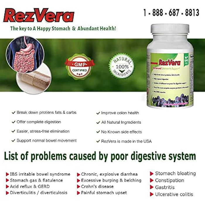 RezVera #1 Best All Natural Digestive Supplement for IBS Irritable Bowel Syndrome Stomach Bloating Gas Diarrhea Heartburn Acid Reflux Constipation Indigestion - RezVera 90 Capsules - Image 2