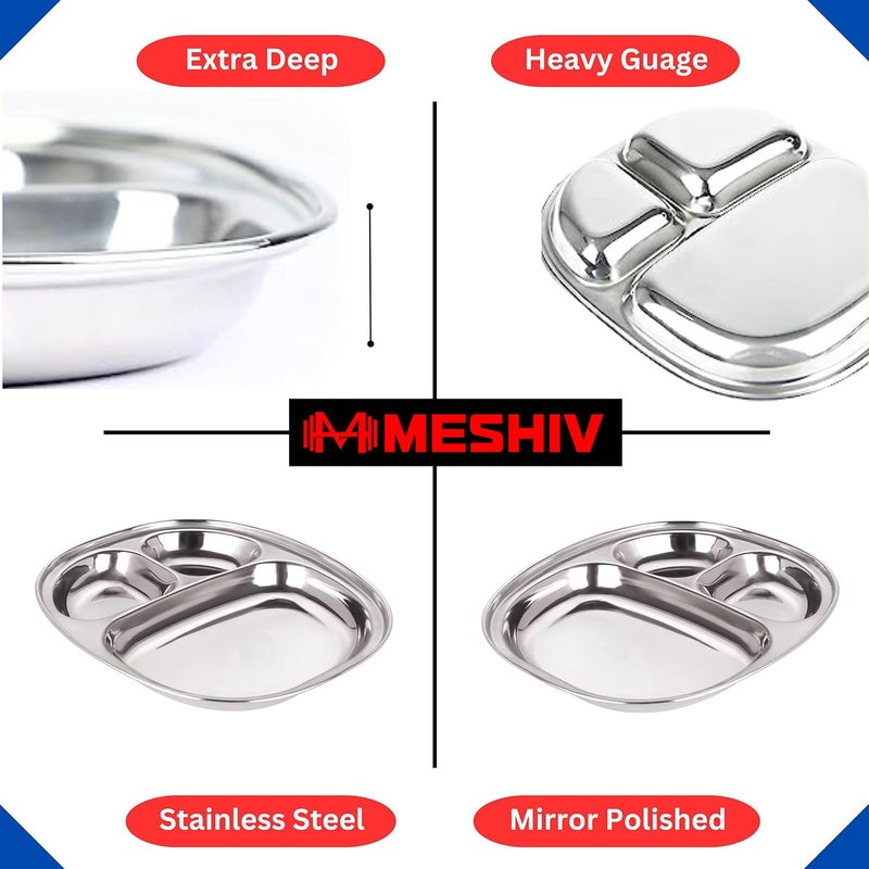 MESHIV Stainless Steel Plates with CompartmentsTiffin PlatesPav Bhaji PlatesPartition PlatesBreakfast PlatesSteel Plates for LunchDinnerKids Plate Set of 4 - Image 3