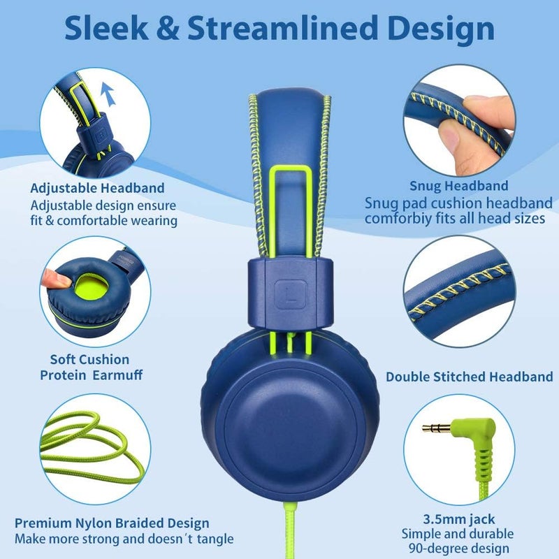 POWMEE M2 Kids Headphones Wired Headphone for Kids,Foldable Adjustable Stereo Tangle-Free,3.5MM Jack Wire Cord On-Ear Headphone for Children/Teens/Girls/School/Kindle/Airplane/Plane/ (Blue) - Image 2