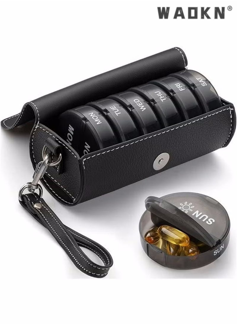 WAOKN Weekly Pill Organizer 2 Times a Day,AM PM Large Daily Pill Box with PU Leather Case for Travel,Large Compartments,Round Medicine Organizer,7 Day Pill Container for Vitamin Fish Oils Supplement-Black  - Image 1