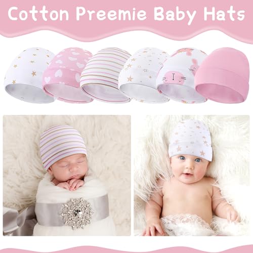 Newcotte 6 Pcs Preemie Baby Hats Cotton Preemie Caps Warm Newborn Beanie Premature Hat for Nicu Premature Boy Girl(Pink Color,Striped and Heart Style) - Image 2