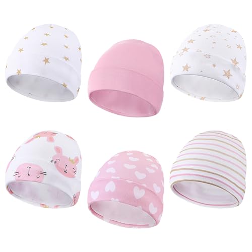 Newcotte 6 Pcs Preemie Baby Hats Cotton Preemie Caps Warm Newborn Beanie Premature Hat for Nicu Premature Boy Girl(Pink Color,Striped and Heart Style) - Image 1