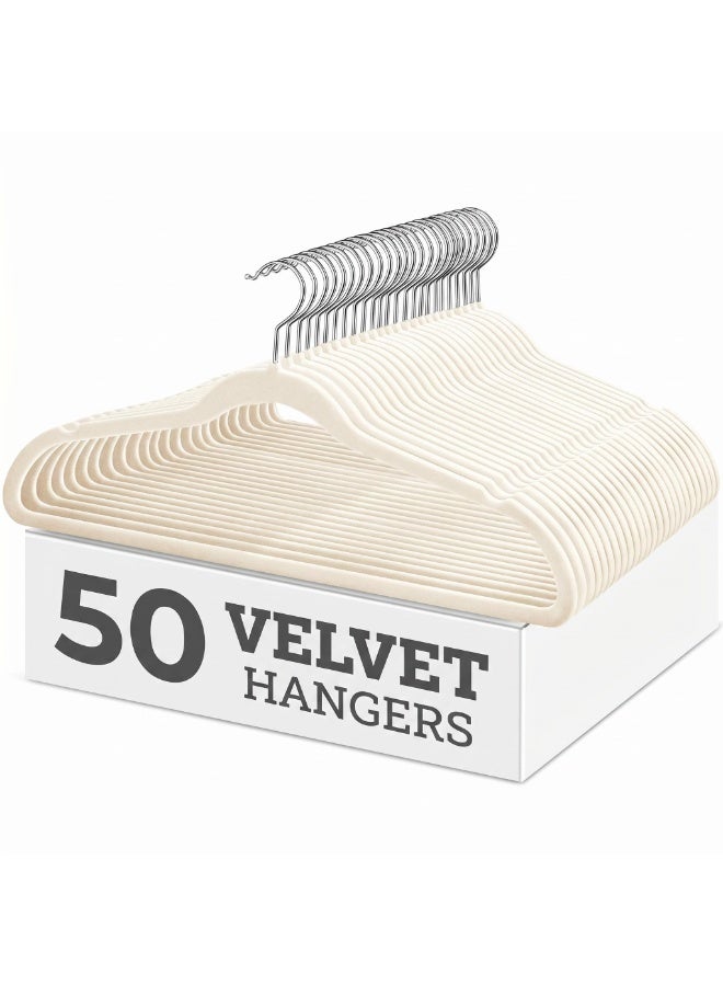 BLOOMING TIME 50 Pack Velvet Clothes Hangers, Non-Slip Space Saving Slim Hangers with 360° Swivel Hook, Heavy Duty Coat Hangers for Shirts, Suits, Dresses, Pants & Jackets, Ivory - Image 1