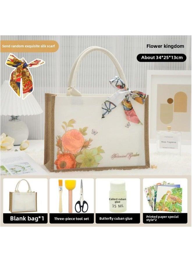 Thanksgiving Diy Handmade Butterfly Ancient Bart Canvas Tote Bag Sack Paste Group Building Parent-child Material Warm-up Field-Color:LB-N8 Flower Kingdom Contains Scissors Glue_horizontal Section  - Image 1