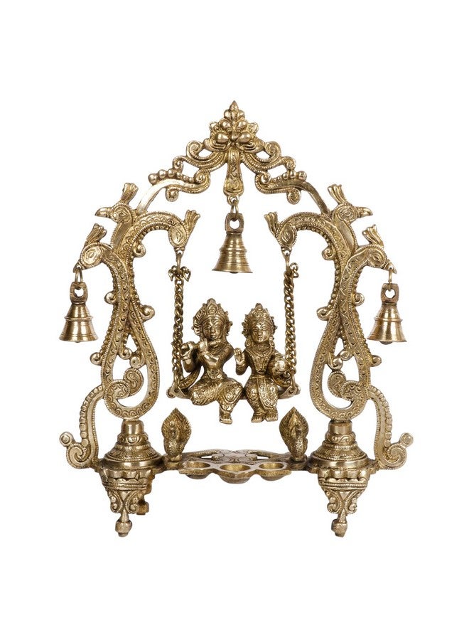 ARTVARKO Radha Krishna Jhula Diya with Hanging Bells Brass Radha Krishan Swing Statue Desiner Peacock Jhoola Kirtimukha Idol Murti for Home Décor Office Mandir Gift 13.5 Inch - Image 2