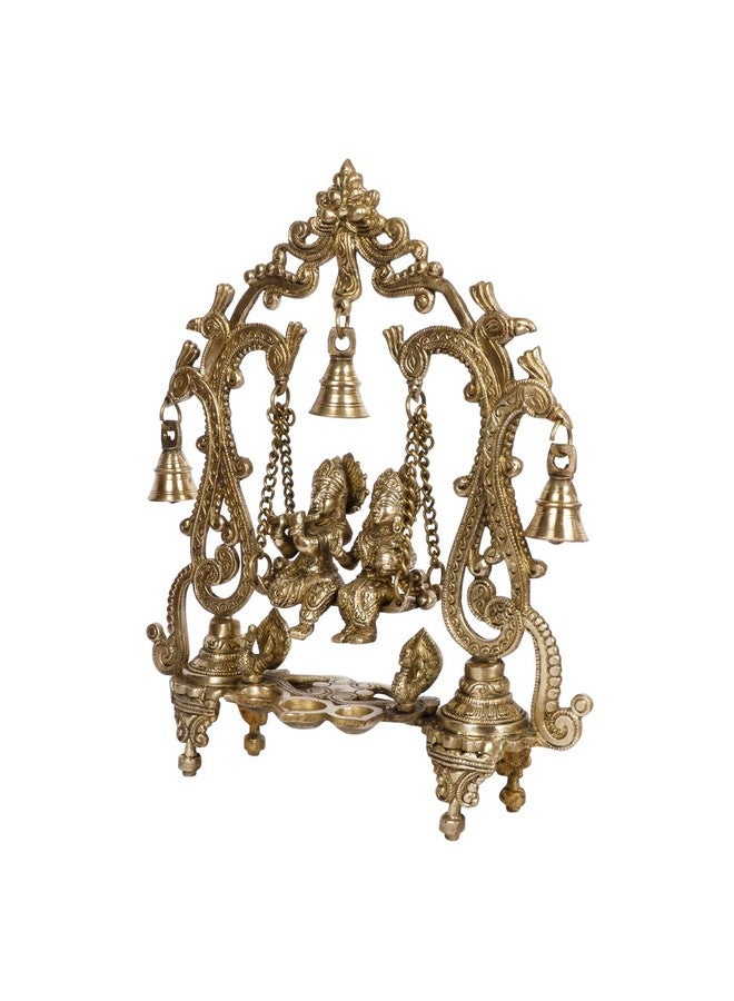 ARTVARKO Radha Krishna Jhula Diya with Hanging Bells Brass Radha Krishan Swing Statue Desiner Peacock Jhoola Kirtimukha Idol Murti for Home Décor Office Mandir Gift 13.5 Inch - Image 4
