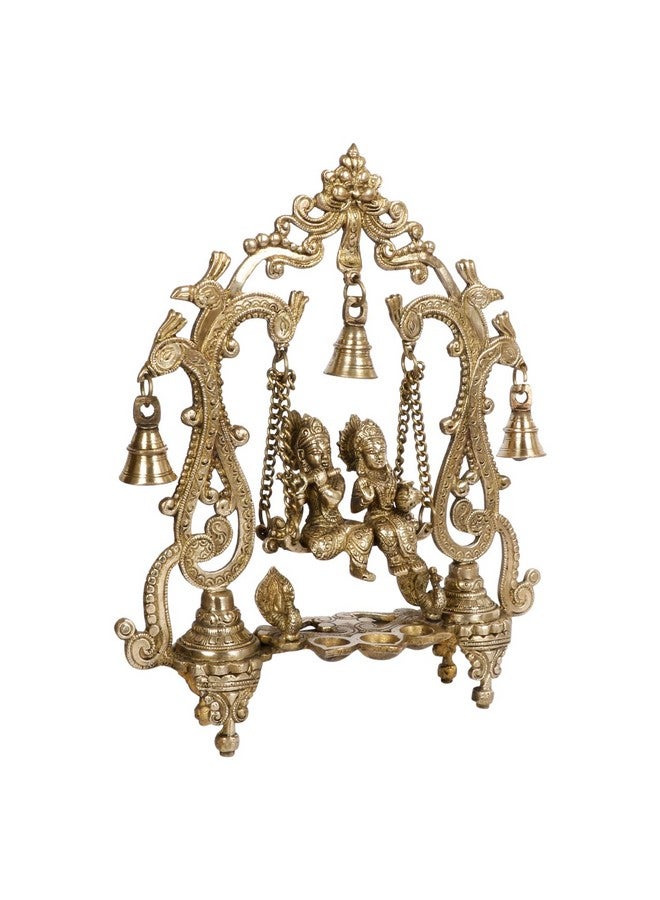 ARTVARKO Radha Krishna Jhula Diya with Hanging Bells Brass Radha Krishan Swing Statue Desiner Peacock Jhoola Kirtimukha Idol Murti for Home Décor Office Mandir Gift 13.5 Inch - Image 3