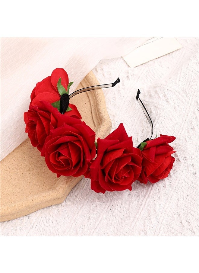 yongsheng Rose Pattern Headband Red， Women Rose Flowers Hairband Branch Wedding Wreath Headband Crown ( Red)  - Image 1