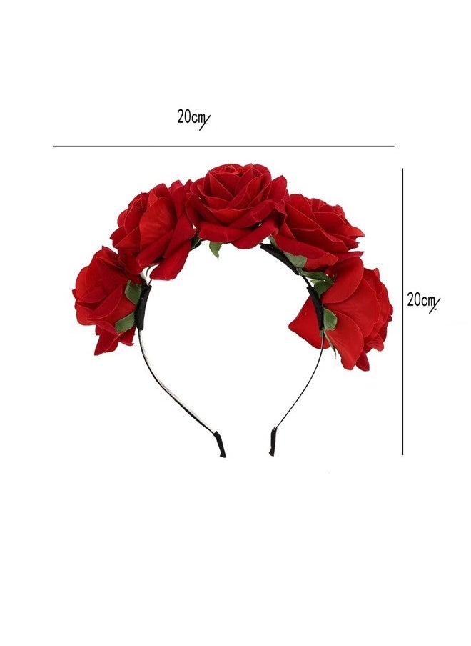 yongsheng Rose Pattern Headband Red， Women Rose Flowers Hairband Branch Wedding Wreath Headband Crown ( Red)  - Image 2