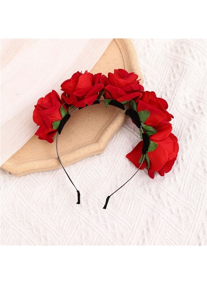 yongsheng Rose Pattern Headband Red， Women Rose Flowers Hairband Branch Wedding Wreath Headband Crown ( Red)  - Image 3