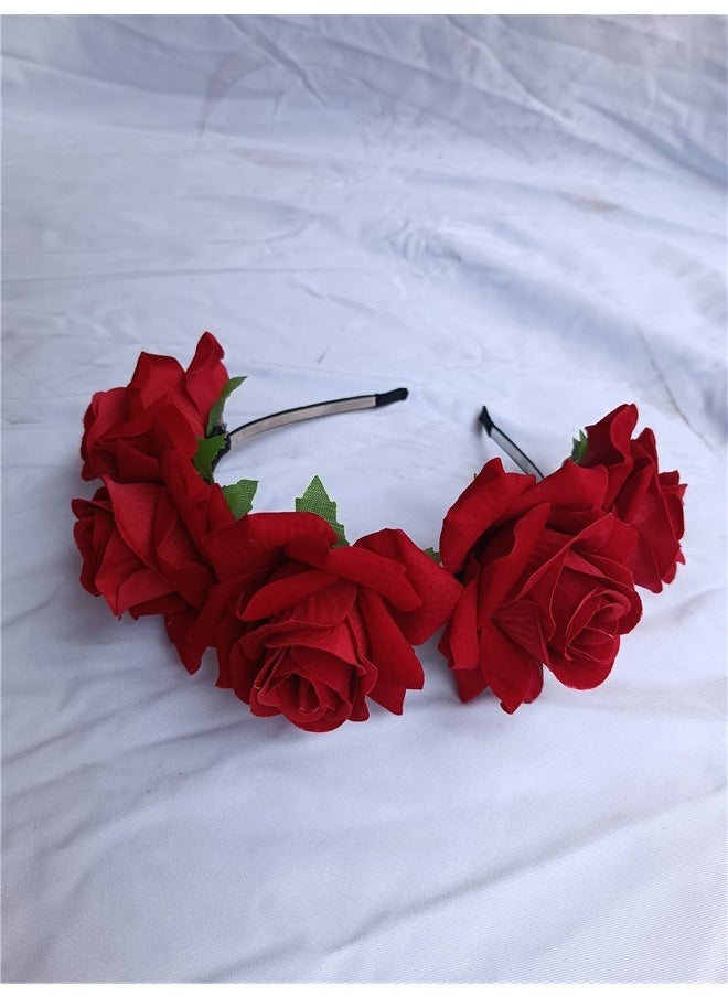 yongsheng Rose Pattern Headband Red， Women Rose Flowers Hairband Branch Wedding Wreath Headband Crown ( Red)  - Image 4