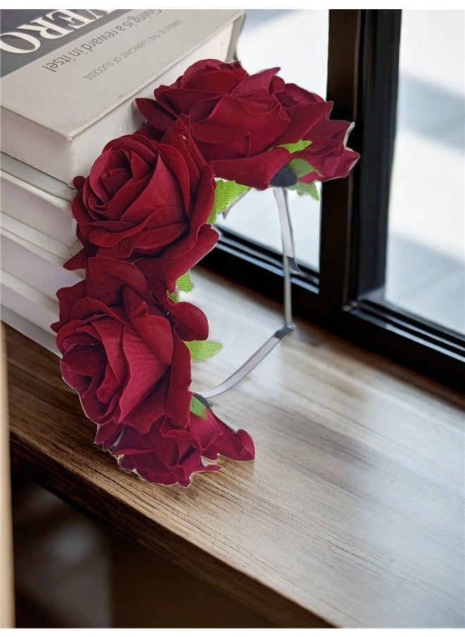 yongsheng Rose Pattern Headband Red， Women Rose Flowers Hairband Branch Wedding Wreath Headband Crown ( Red)  - Image 5