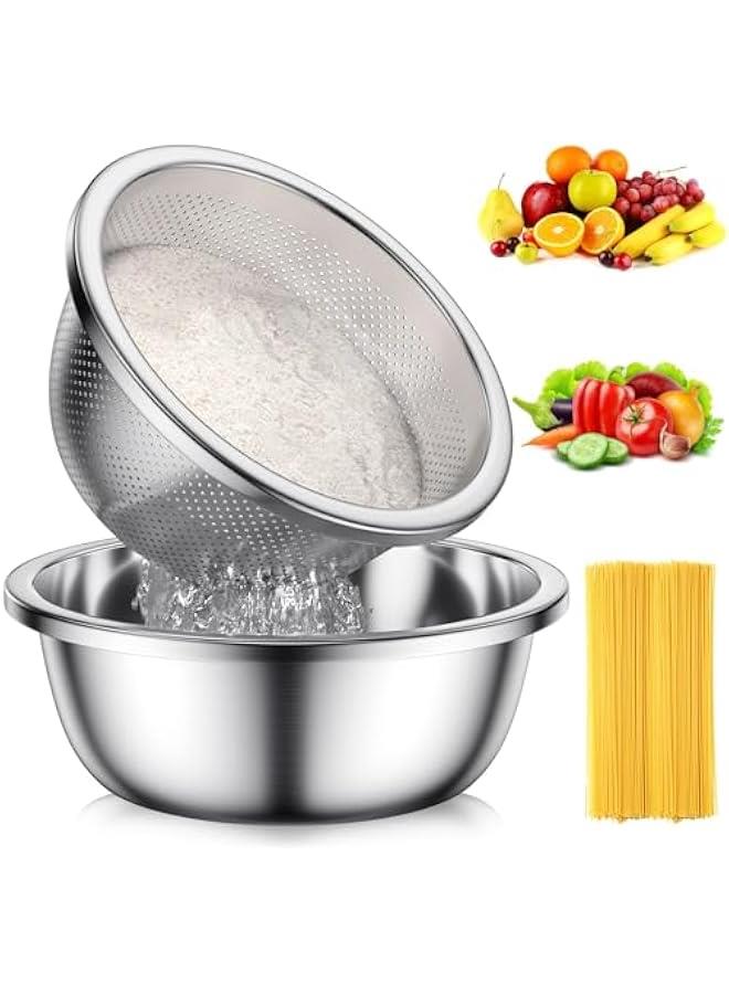 HOOKOR 304-Stainless-Steel Colander with Mixing Bowls, 5-Quart Large Capacity, Metal Strainer Set Microporous Colander for Washing & Draining Rice, Fruit, Vegetables, Noodle, Cooked pasta,2PC (5QT) - Image 1
