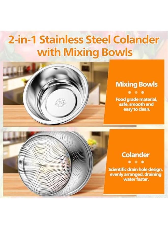 HOOKOR 304-Stainless-Steel Colander with Mixing Bowls, 5-Quart Large Capacity, Metal Strainer Set Microporous Colander for Washing & Draining Rice, Fruit, Vegetables, Noodle, Cooked pasta,2PC (5QT) - Image 2