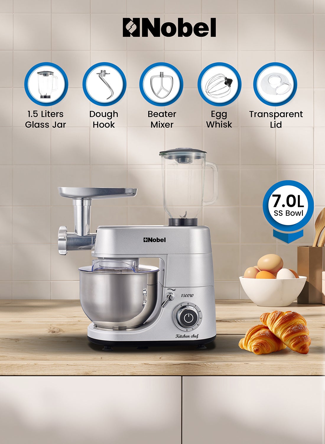Nobel 3 in 1 Food Processor Multifunctional Stand Mixer with 7.0 L Stainless Steel Bowl & 1.5L Juicer Blender with 6 Speeds For A Variety Of Mixing Tasks 1500 W NBM100S Metallic Silver