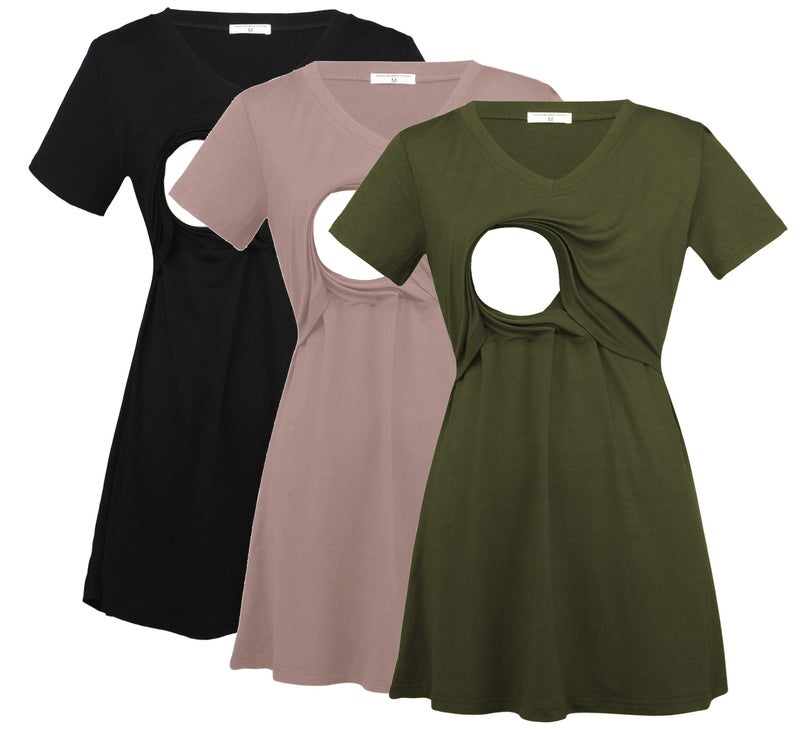 Bearsland Womens 3 Packs V Neck Nursing Tops Maternity Breastfeeding Tee Shirts,Black+ArmyGreen+Brown,XL - Image 1