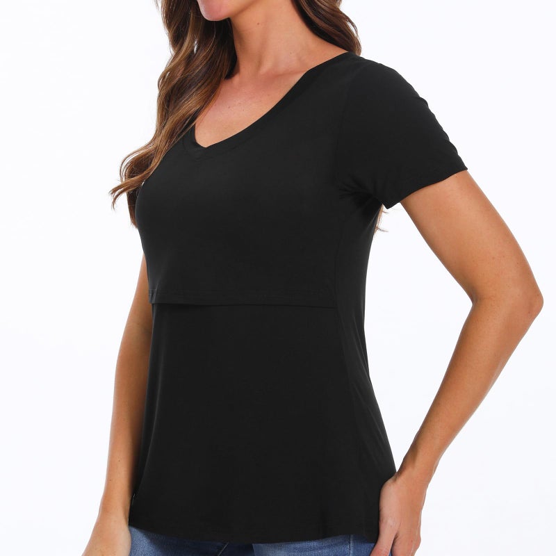 Bearsland Womens 3 Packs V Neck Nursing Tops Maternity Breastfeeding Tee Shirts,Black+ArmyGreen+Brown,XL - Image 5