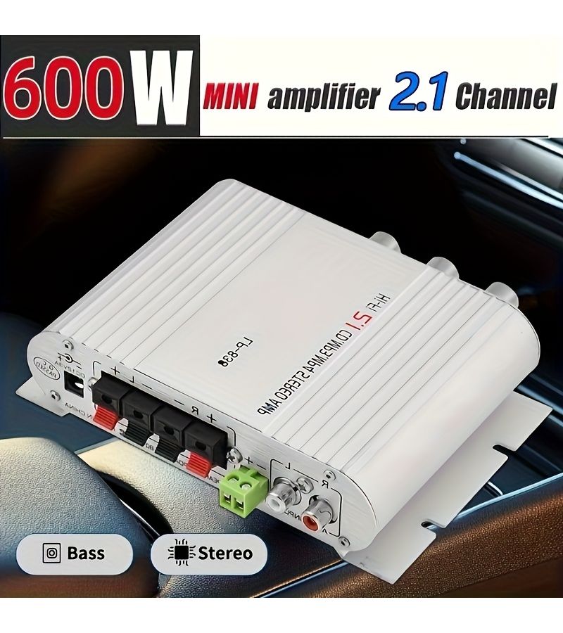 1 قطعة مضخم صوت للسيارة بقدرة 600 واط - مضخم استريو هاي فاي 2.1 قناة - مضخم صغير باللون الأسود مع تحكم في التعزيز الجهير والترددات العالية - مدخل 3.5 مم لمكبرات الصوت في السيارة والمسرح المنزلي والكمبيوتر والتلفزيون والدراجة النارية - Image 1