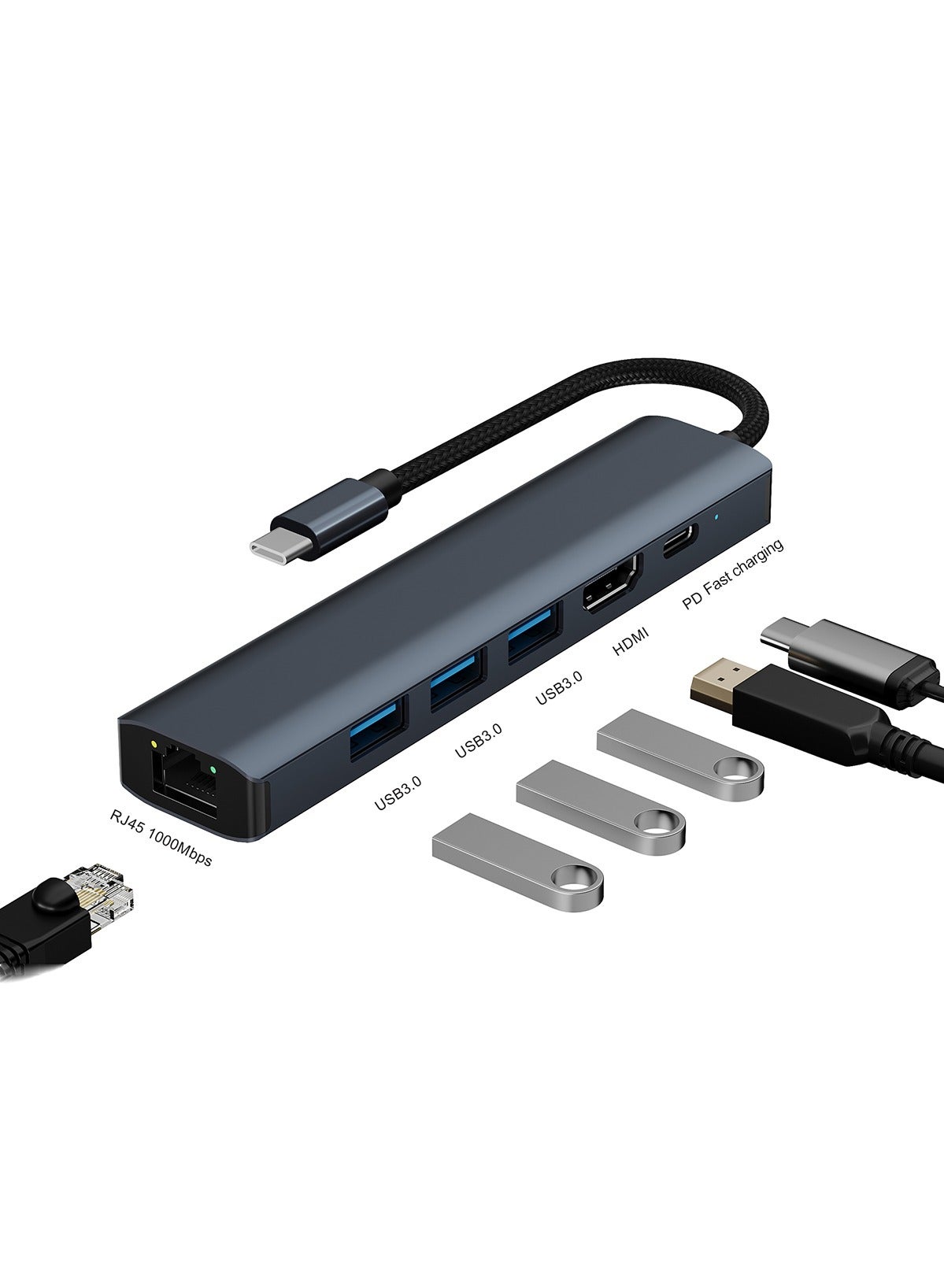 هوديوس هوديوس مقسم USB-C 6 في 1 محول تايب سي مع إيثرنت 100 واط