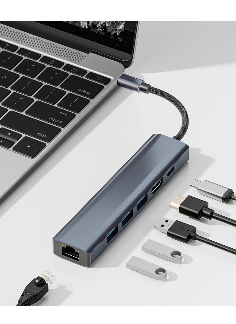 HouDeOS USB-C Hub 6-in-1 Type C Adapter with Ethernet Multiport Converter with HDTV 4k HDMI Ethernet 3.0USB Ports PD100W Charging for MacBook Pro Air M1 2021 iPad Pro  and Notebook Computer  Silver  - Image 2