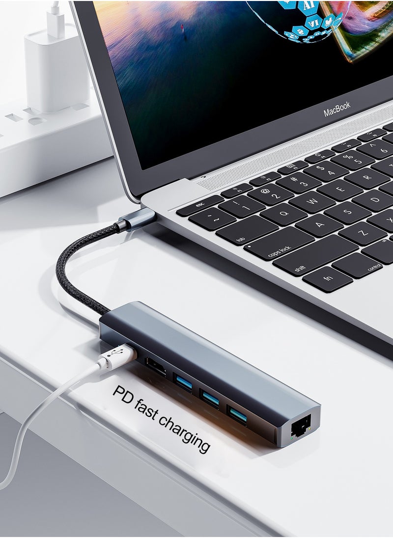 HouDeOS USB-C Hub 6-in-1 Type C Adapter with Ethernet Multiport Converter with HDTV 4k HDMI Ethernet 3.0USB Ports PD100W Charging for MacBook Pro Air M1 2021 iPad Pro  and Notebook Computer  Silver  - Image 3