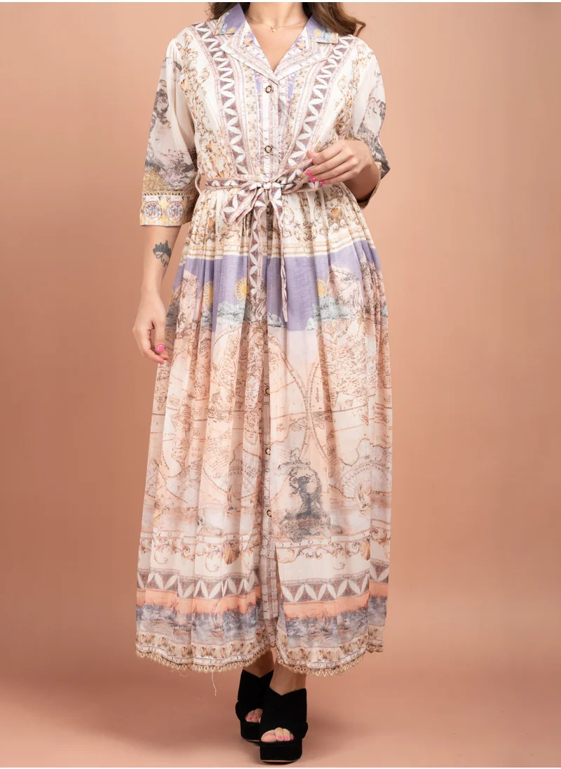 IKKXA Multicolour Printed Collared Long Dress