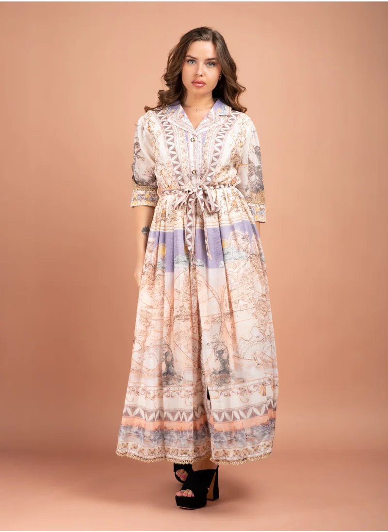 IKKXA Multicolour Printed Collared Long Dress