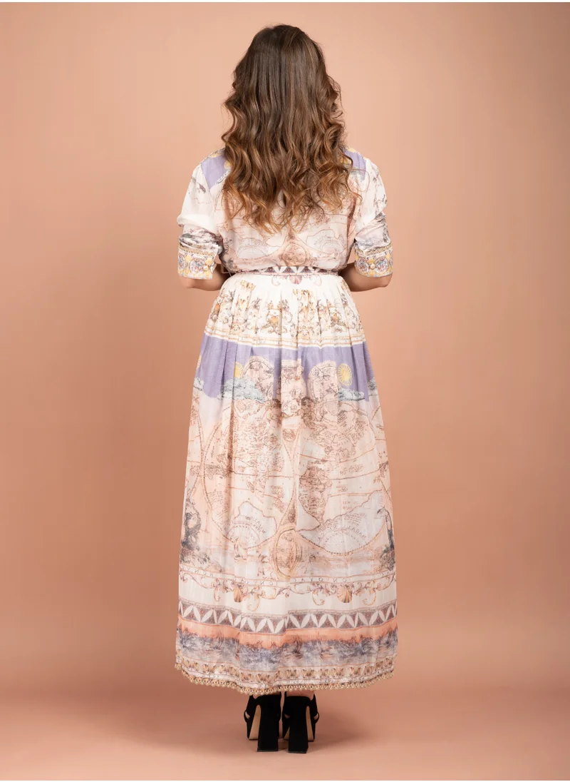 IKKXA Multicolour Printed Collared Long Dress