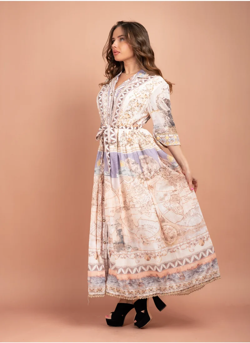 IKKXA Multicolour Printed Collared Long Dress