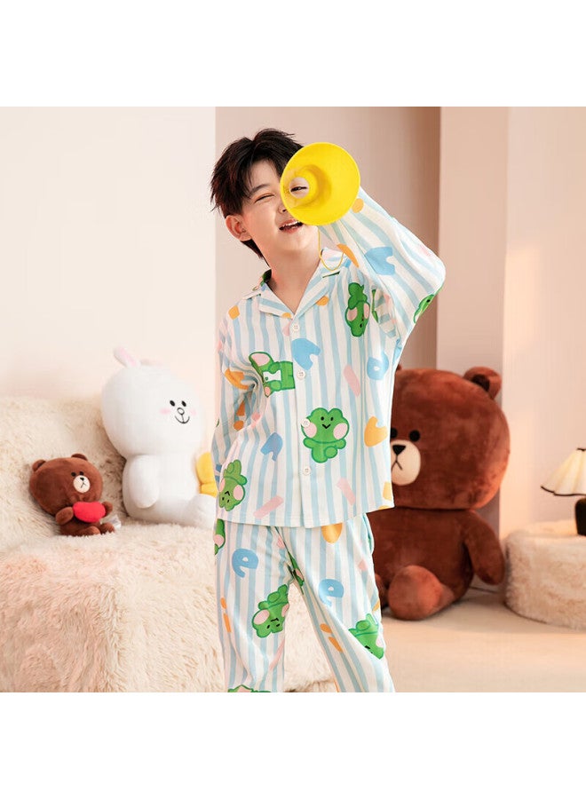 Fenton Fenteng Boys' Brown Bear Cotton Striped Pajamas For Kids, Genuine Early Autumn Big Kids Home Wear Q9fj257390078 - Image 1