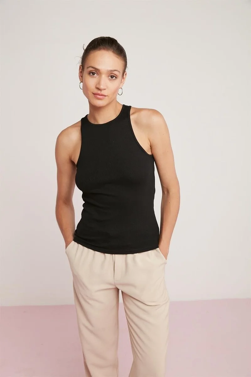 Arma Yıldız Corduroy Tank Top Halter Neck 2-Pack Black - White Women's T-Shirt