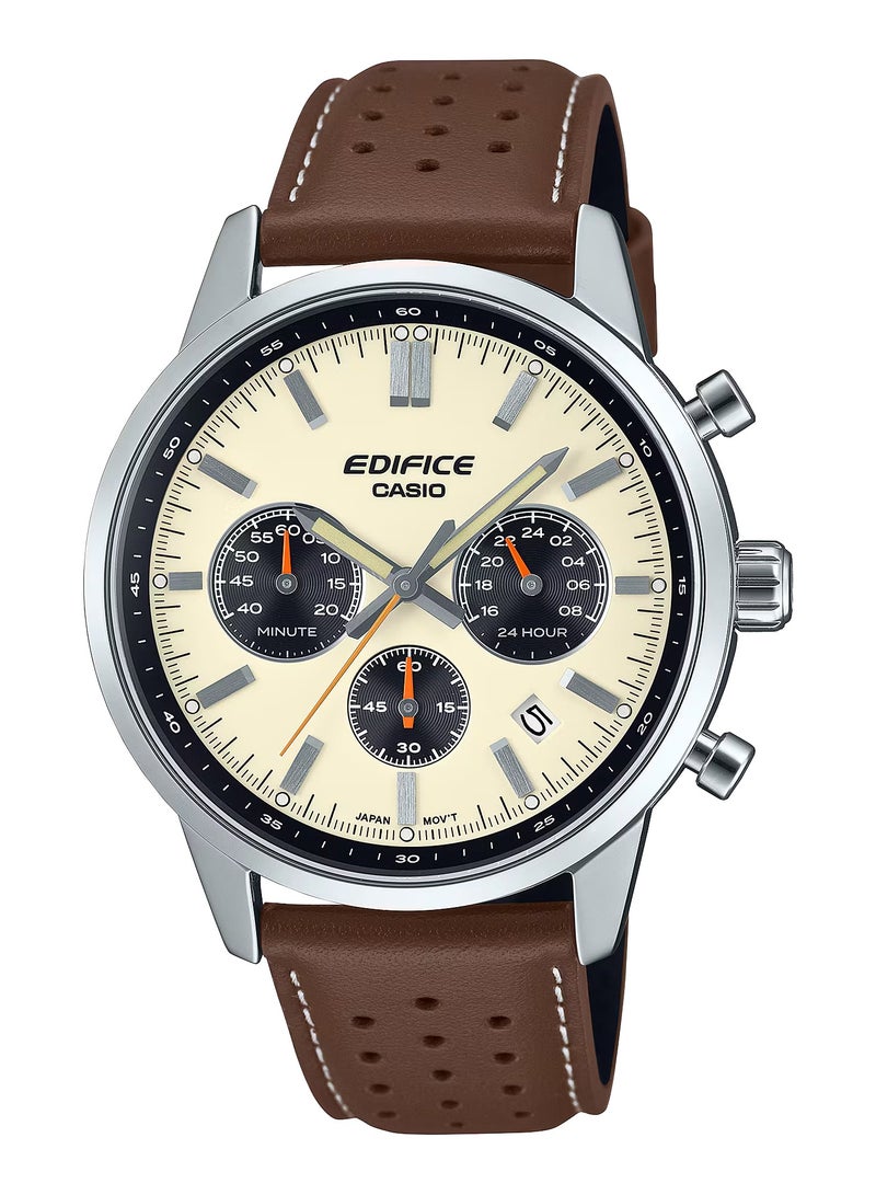 CASIO Edifice EFR-575L-7A Quartz Chronograph Brown Leather Beige Dial Men's Watch -47.9 × 40.5 × 12.6mm