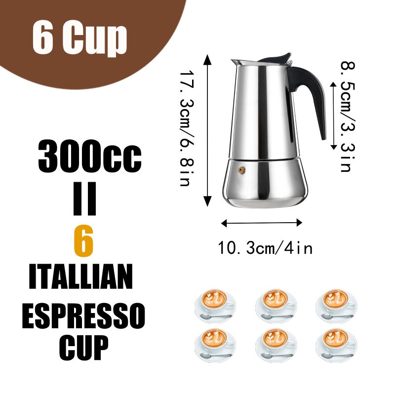 DITOSH 6 Cup Stovetop Espresso Maker Stainless Steel Moka Pot Stove Top Percolator Italian Coffee Makers Capable Mocha Greca Machine Cafe Classic Induction Cookers for Home and Camping 300ml 10oz - Image 3