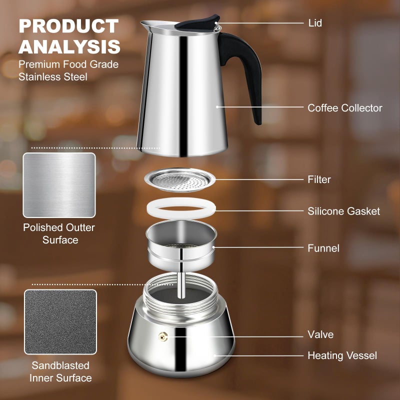 DITOSH 6 Cup Stovetop Espresso Maker Stainless Steel Moka Pot Stove Top Percolator Italian Coffee Makers Capable Mocha Greca Machine Cafe Classic Induction Cookers for Home and Camping 300ml 10oz - Image 4