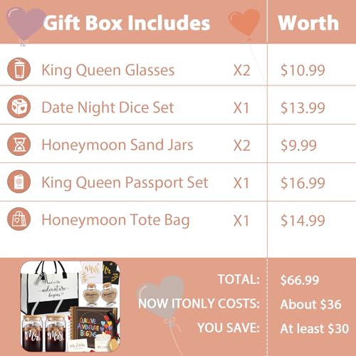 Singhoow 12 Pcs Wedding Honeymoon Gifts for Couple Mr Mrs Bridal Shower Engagement Gifts with Glass Adventure Book Scrapbook Passport Holder Baggage Tags Jar Tote BagMr and Mrs - Image 3