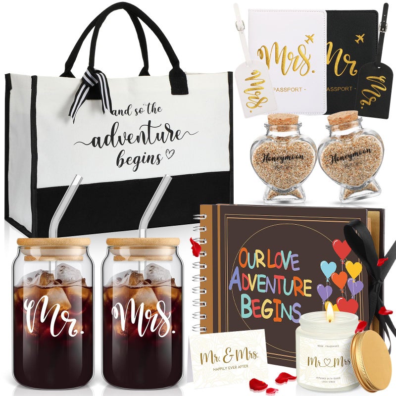 Singhoow 12 Pcs Wedding Honeymoon Gifts for Couple Mr Mrs Bridal Shower Engagement Gifts with Glass Adventure Book Scrapbook Passport Holder Baggage Tags Jar Tote BagMr and Mrs - Image 2