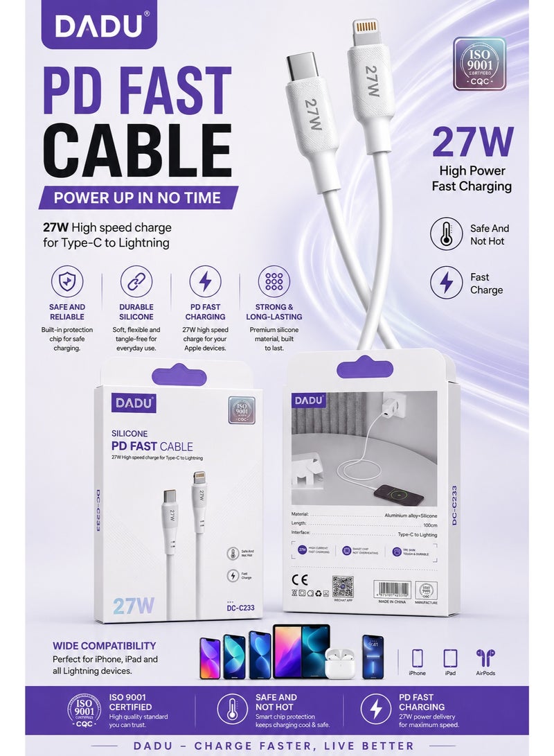 دادو كابل شحن سريع USB Type-C إلى Lightning بقدرة 27 واط، يدعم تقنية توصيل الطاقة (PD) لشحن سريع وعالي السرعة لأجهزة iPhone وiPad والأجهزة المزودة بمنفذ Lightning؛ كابل ممتاز من السيليكون لنقل البيانات ومزود بتقنية الشريحة الذكية، يتميز بهيكل متين من سبائك الألومنيوم وطول يبلغ 1 متر. - Image 2