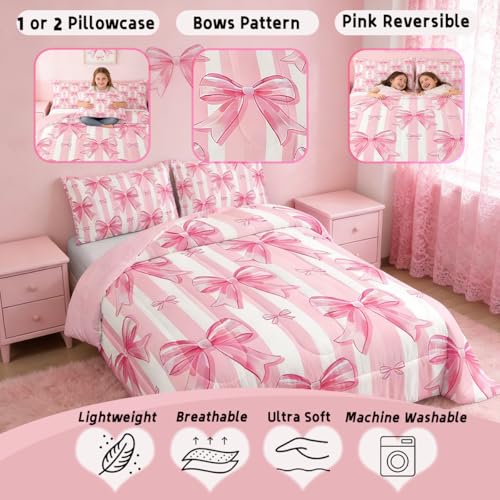 Feelyou Pink Bowknot Comforter SetDreamy Princess Bowknot Bedding Set Full SizeGirls Bedroom Room DecorCute Bow Girly ComforterKawaii Geometric Bowtie Bed Set for All Season - Image 3
