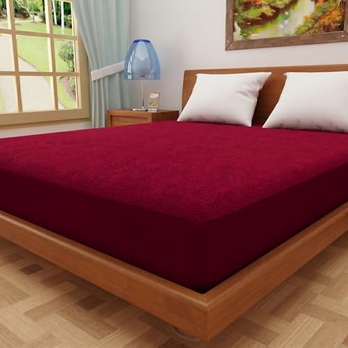 Lithara Terry Cotton Fitted Mattress Protector for Single Bed | Waterproof & Elastic Band | Ultra Soft & Hypoallergenic Mattress Cover | Size : 78 x 48 Inches (6.5 x 4 Feet) | (Maroon) - Image 1