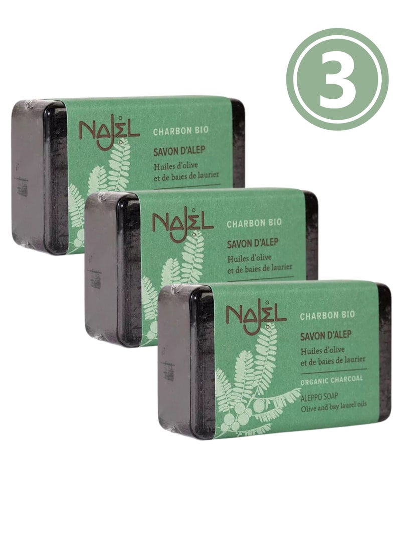 najel Aleppo Soap with Organic Charcoal Purifying Soap for Face, body & hair, 100g - Pack of 3 Soaps - Image 1