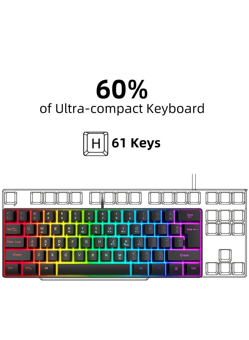 Excefore 60% Wired Gaming Keyboard, RGB Backlit Ultra-Compact Mini Waterproof Compact 61 Keys Keyboard for PC/Mac Gamer, Typist, Travel, Easy to Carry on Business Trip (Black) - Image 4